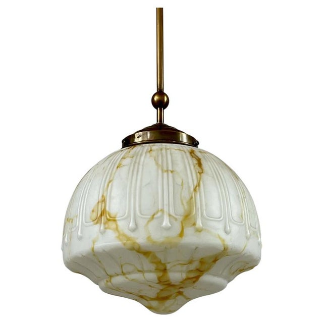 Art Deco Marbled Opaline Glass and Brass Pendant Light, Germany, 1930s For Sale - Image 18 of 18