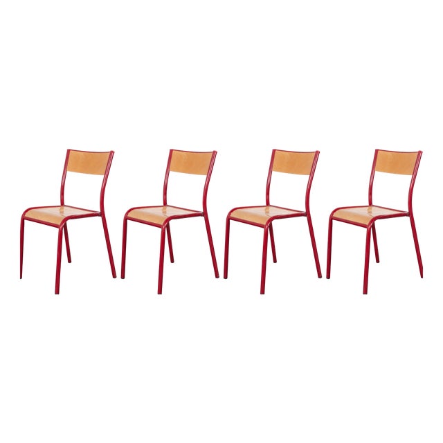 Red Stacking Dining Chairs with Beech Seat from Mullca, 1970s, Set of 4 For Sale