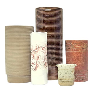 Cylindrical Artisanal Pottery Curation - Group of 5 For Sale