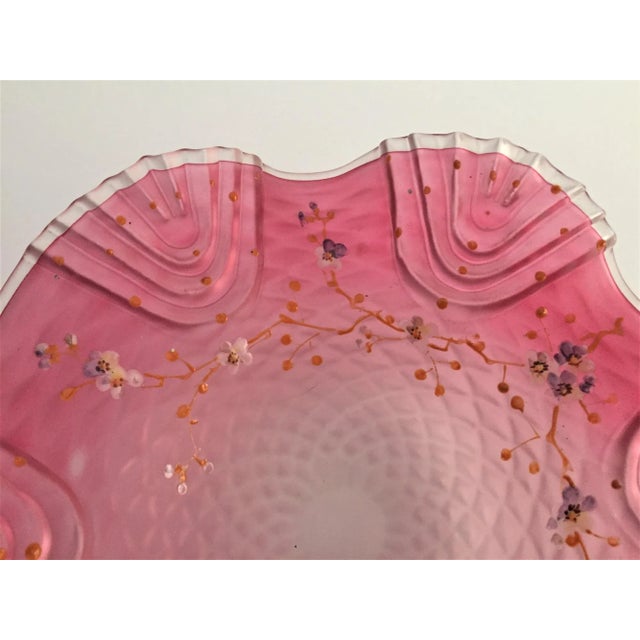 Late 19th Century Bohemian Victorian Art Glass Pink Cranberry Satin Glass Bride's Bowl with Diamond Optic Quilting Enameled Flowers For Sale In Philadelphia - Image 6 of 13