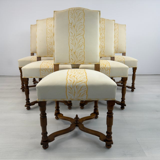 Dimensions: H 38.5” x W 19” x D 22” x SH 20” Set of 6 Vintage French Louis XIII style high back dining chairs. Upholstered...