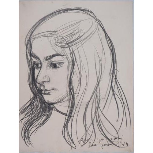 Modern André Jacquemin, Young Girl with Downcast Eyes, 1974, Signed Drawing For Sale - Image 3 of 5