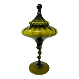 Vintage 1960s Large Italian Empoli Olive Green Glass Circus Tent Lidded Compote For Sale