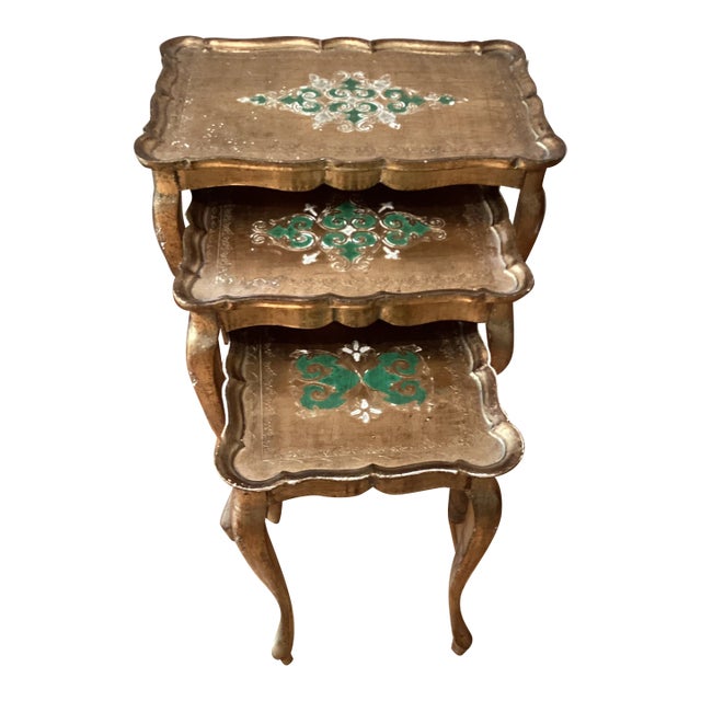 Mid 20th Century Mid Century Florentine Giltwood and Carved Nesting Table Set of 3 Neoclassical Style For Sale