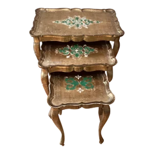 Mid 20th Century Mid Century Florentine Giltwood and Carved Nesting Table Set of 3 Neoclassical Style