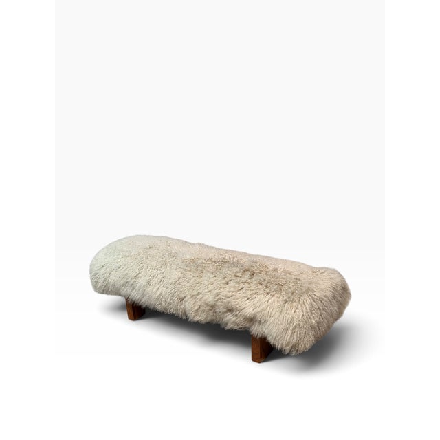 Mid Century Modern Sheepskin Upholstered Bench.