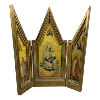 Vintage Italian Sacred Triptych Gilded Wood Gold Background, 1960s For Sale