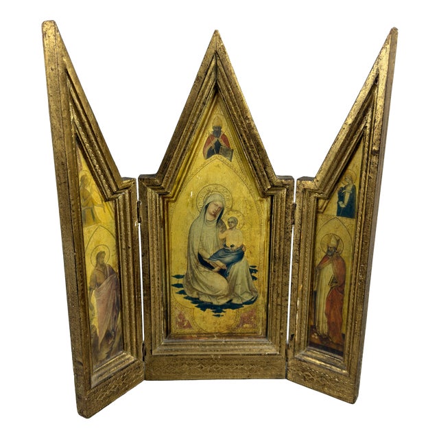 Vintage Italian Sacred Triptych Gilded Wood Gold Background, 1960s For Sale