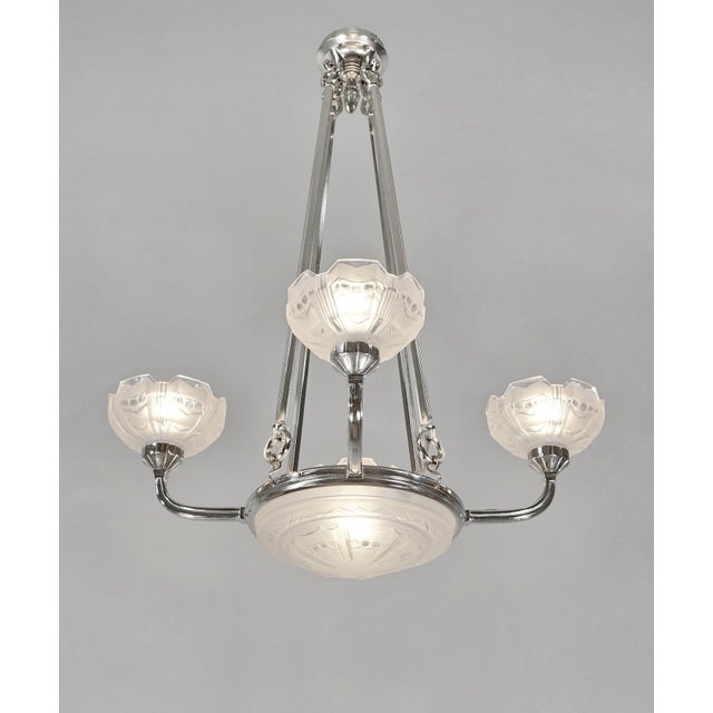 SABINO An exceptional French 1925-1930 art deco chandelier in nickel plated solid brass or bronze holding a bowl and 4...