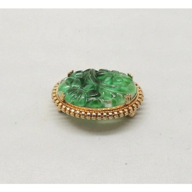 Napier Vintage 1965 Signed Napier Oval Carved Faux-Jade Brooch For Sale - Image 4 of 6
