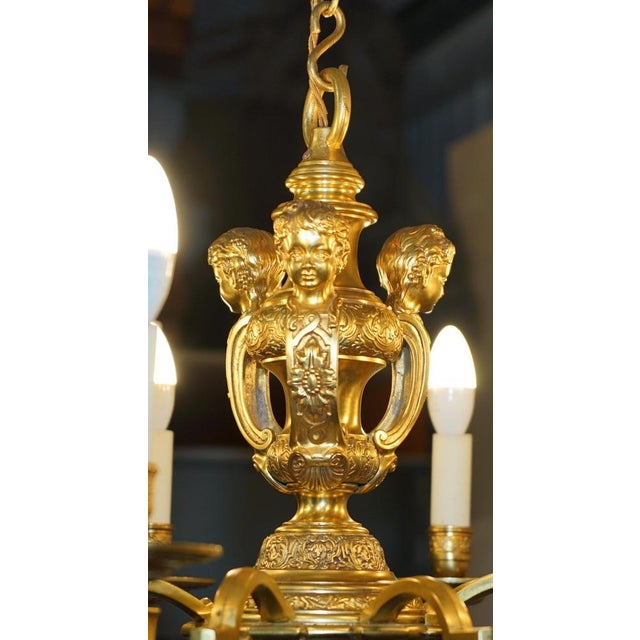 1900 - 1909 Antique French Rococo Gold Gilt Brass Eight-Branch Cherub Chandelier, 1900s For Sale - Image 5 of 18