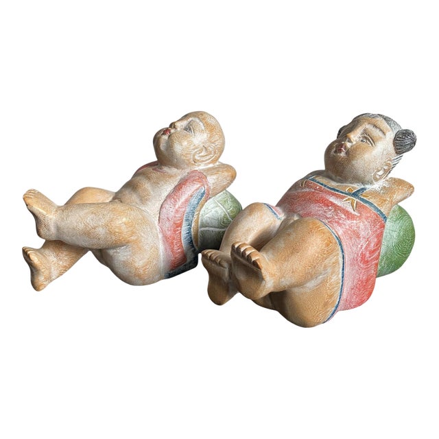 Antique Chinese Wood Carved Karako Boy Girl Reclining Melon Child Buddha Sculpture For Sale