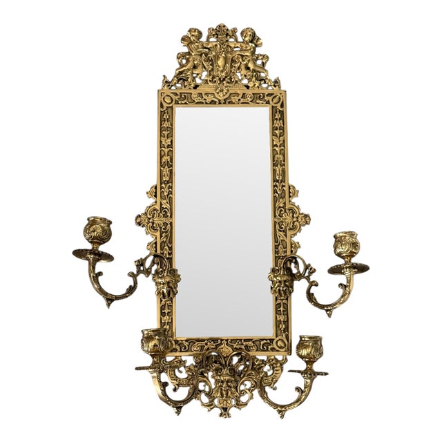 Antique French Baroque Revival Brass Wall Mirror With Candle Sconces c.1900-10 For Sale