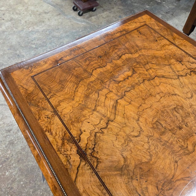 Mid 19th Century Regency Walnut & Rosewood Inlaid Table W/2 Drawers, Brass Beading, Ornate Handles, on Square Tapered Legs on Brass Casters For Sale - Image 12 of 15