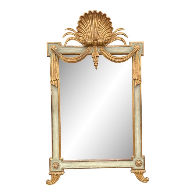 1950s Large Gilt and Green Pier Mirror With Gilt Carved Shell For Sale