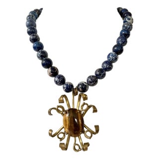 Lapis Beaded Necklace With Vintage Brass Tiger’s Eye For Sale