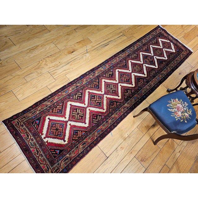 Vintage Persian Malayer Runner Rug, Hand-Knotted Wool, Geometric Pattern, 3x10, Ivory & Red For Sale In Chicago - Image 6 of 15
