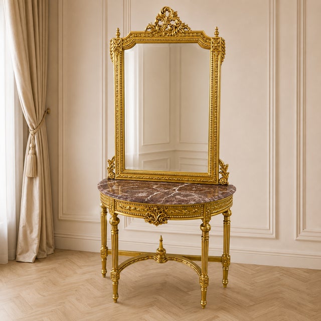 Elevate your interior with this elegant French Louis XV-inspired Console Table &amp; Mirror Set, designed to bring...