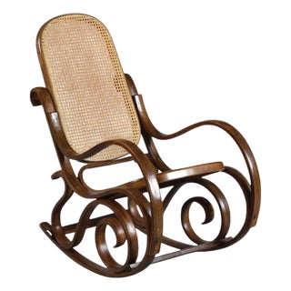 Vintage 1970s Thonet Style Curved Bentwood Rocking Chair With Caning For Sale