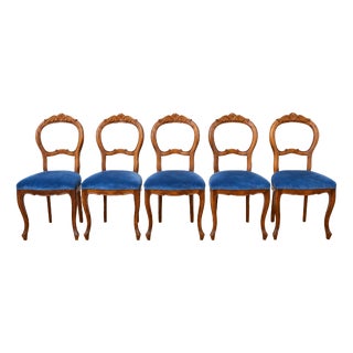 Louis Philippe Chairs in Walnut and Blue Velvet, 1950s, Set of 5 For Sale