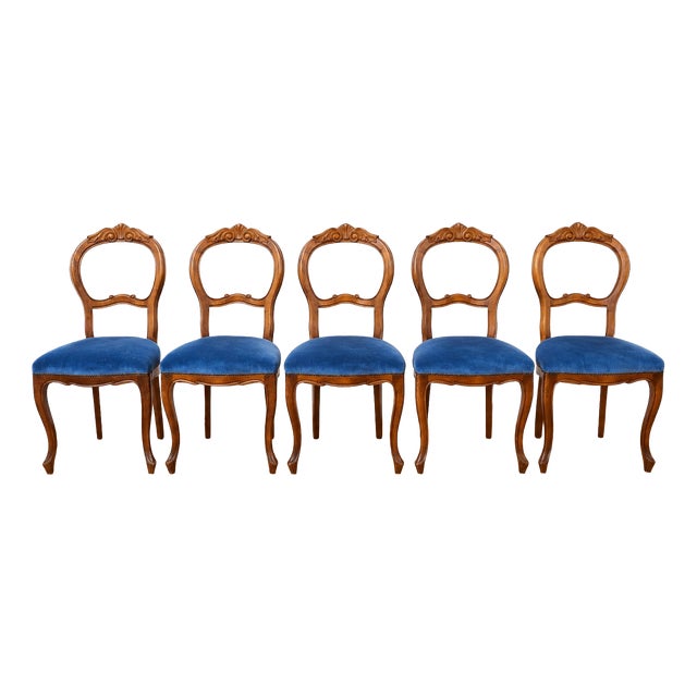 Louis Philippe Chairs in Walnut and Blue Velvet, 1950s, Set of 5 For Sale