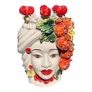 Large Polychrome Majolica Ceramic Bust Planter or Vase of a Woman With Flowers - Italy
