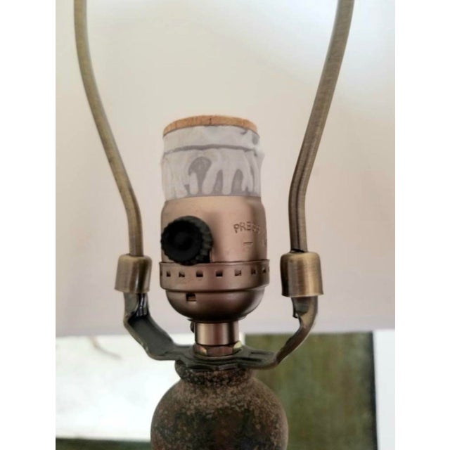 Asian Urn Shaped Lamp With Metal Fronds Asian Inspired Jungle Chic Scrolling Metal Handles Moss Brown Crackle Glaze For Sale - Image 3 of 9