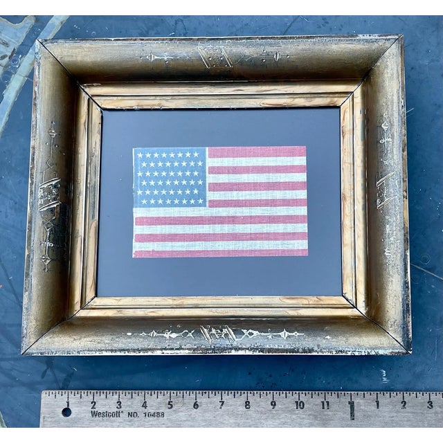 Rare and Fine Antique American Flag 1912 Staggered 48 Star Glazed Cotton in Antique Gilt Frame For Sale - Image 4 of 10