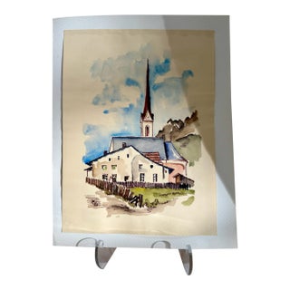 Henry Emil Salloch Original Watercolor on Paper Modernist European Village Church, 1968. For Sale