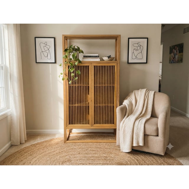 Light Brown Slatted Doors Display Storage Minimalist Zen Cabinet For Sale In San Francisco - Image 6 of 14