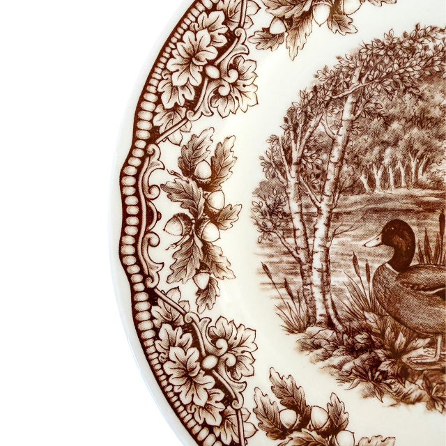 2020s Royal Stafford English Brown Transferware Ducks & Acorns Thanksgiving Salad Plates - Set of 12 For Sale - Image 5 of 6