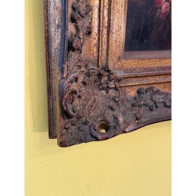 Still Life Floral Acrylic on Canvas Painting Antiqued Wood Frame Signed For Sale - Image 11 of 11