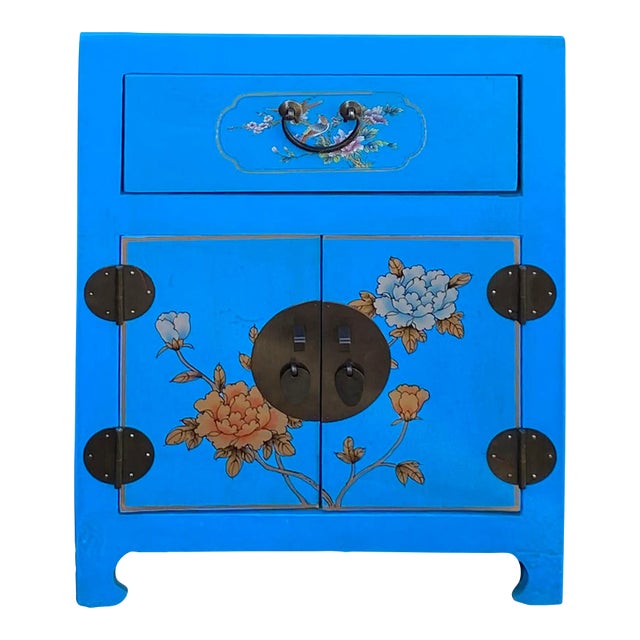 Chinese Bright Blue Vinyl Moon Face Flower Birds End Table Nightstand For Sale