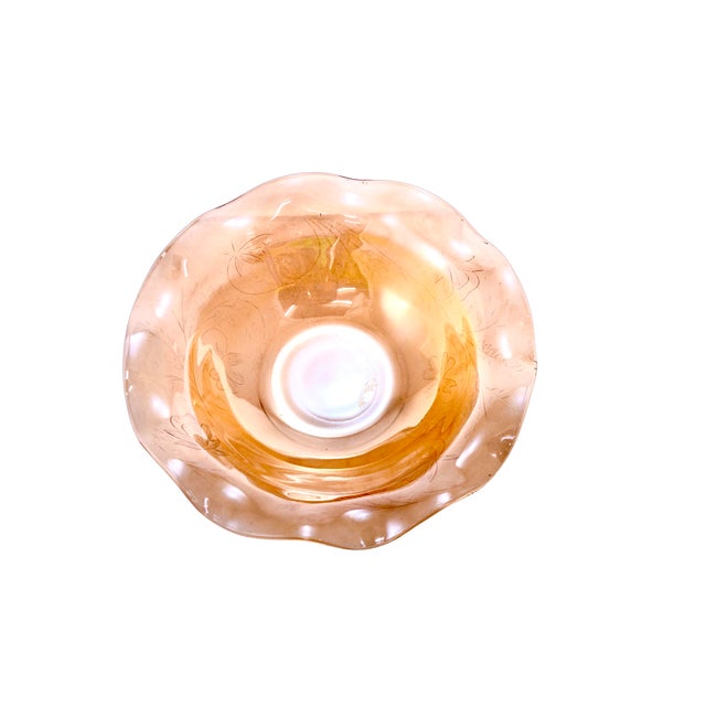 Large vintage nine inch iridescent marigold amber glass ruffle rim cachepot centerpiece accent bowl. Great color for the...