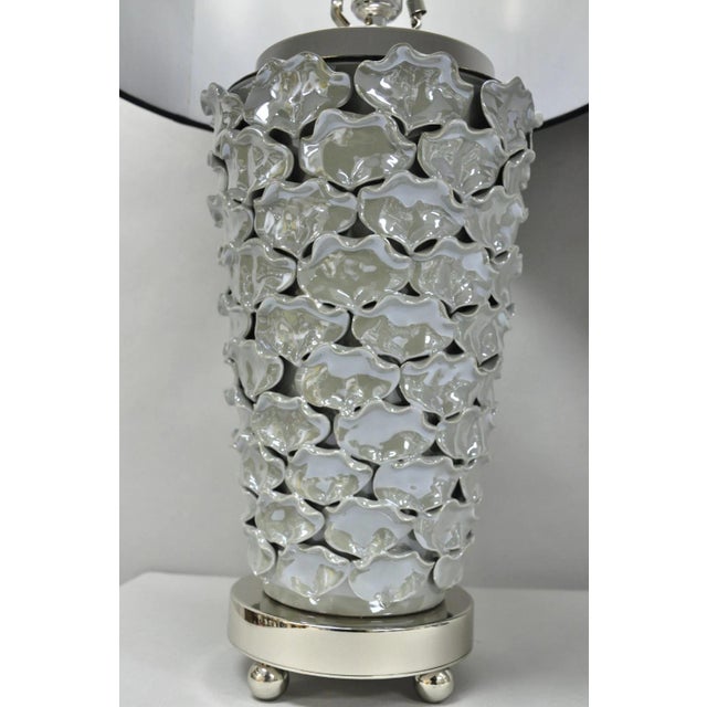 Modern Contemporary Modern Gray Porcelain Leaf Leaves Chrome Table Lamps - A Pair For Sale - Image 3 of 17
