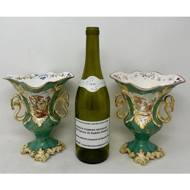 Antique Pair English Porcelain Green Samuel Alcock Vases Urns Still Life Flowers For Sale - Image 11 of 12
