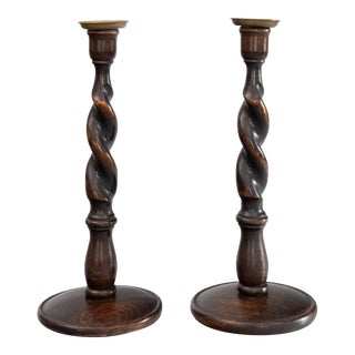 Antique English Barley Twist Oak Candlesticks - a Pair For Sale
