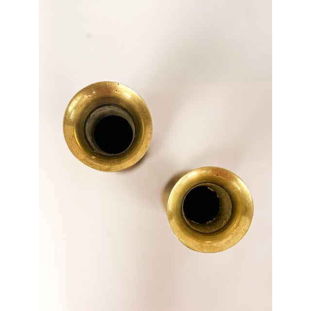 Metal Pair of Vintage Hand Etched Brass Flower Vase Hollywood Regency Vessels MCM For Sale - Image 7 of 8
