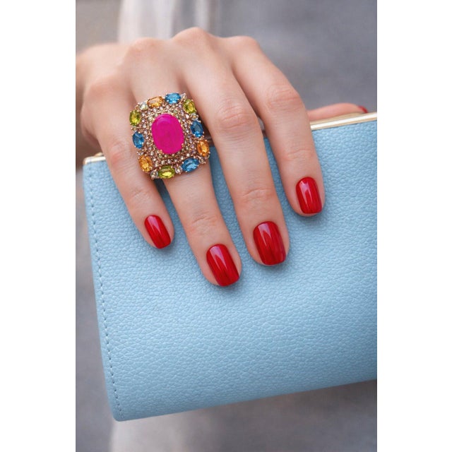 Bochic “Capri” Vintage Diamond, Ruby, Peridot & Citrine Ring - 18K Gold & Silver For Sale - Image 9 of 16