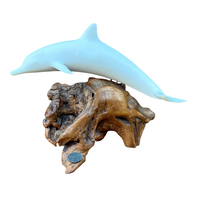 Vintage John Perry Dolphin Sculpture on Burled Teak Root Base For Sale