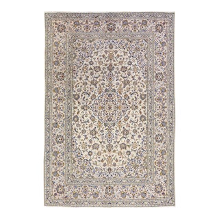 1960s Vintage Persian Kashan Handmade Medallion Ivory Wool Rug For Sale