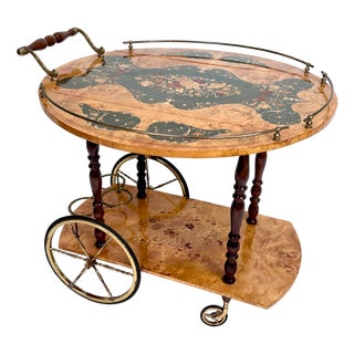 Italian Sorrento Wood Marquetry Serving Bar Cart with Ornate Brass Details and Foldable Table Top, 1930s For Sale