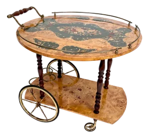 Italian Sorrento Wood Marquetry Serving Bar Cart with Ornate Brass Details and Foldable Table Top, 1930s