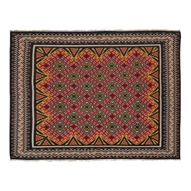 1950s Vintage Balkan Kilim With Gold, Red & Green Geometric Patterns From Rug & Kilim For Sale