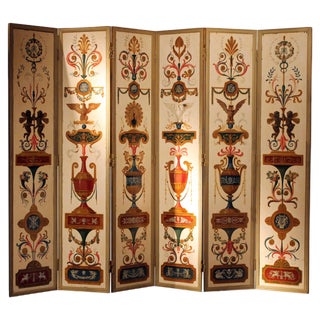 19th Century Italian Six-Panel Painted Wood Folding Screen in Gilt Bronze Frame For Sale