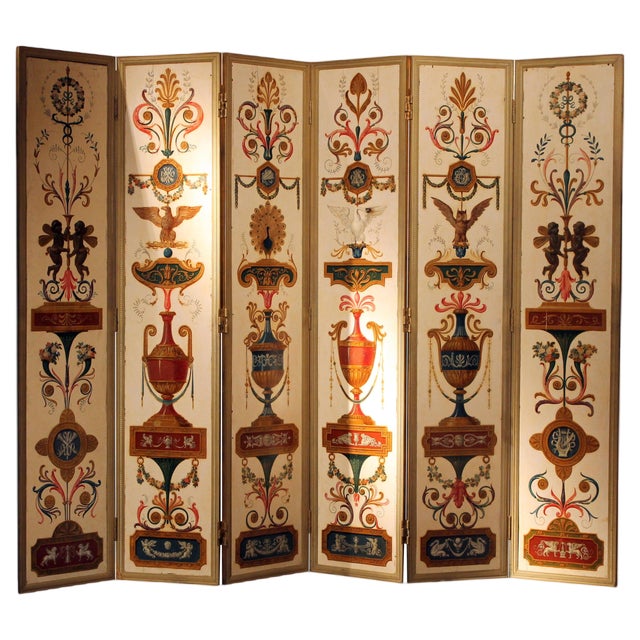 19th Century Italian Six-Panel Painted Wood Folding Screen in Gilt Bronze Frame For Sale