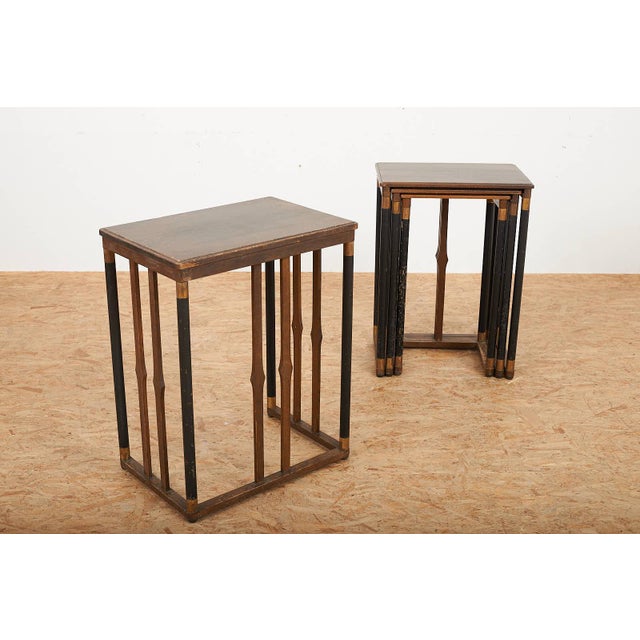 Vienna Secession Nesting Tables with Wooden Base, Brass Accents, and Oak Tops, Set of 4 For Sale - Image 10 of 14