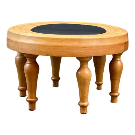 Vintage Scandinavian 6-Legged Low Stool in Pine and Leather, 1970s For Sale