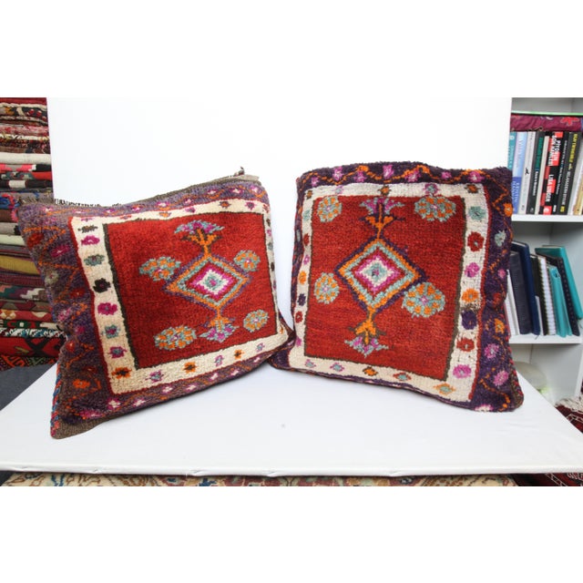 Vintage Red Diamond Motif Rug Cushions -Handwoven Rug&Kilim Decorative Pillow Set -18'' X 20'' For Sale - Image 9 of 11