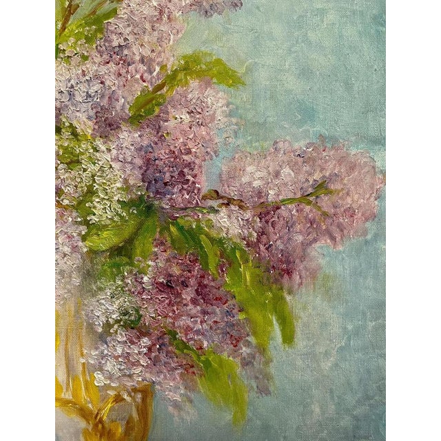 Marie-Madeleine De Rasky, Bouquet of Lilacs in a Porcelain Vase, Oil on Canvas For Sale - Image 4 of 13